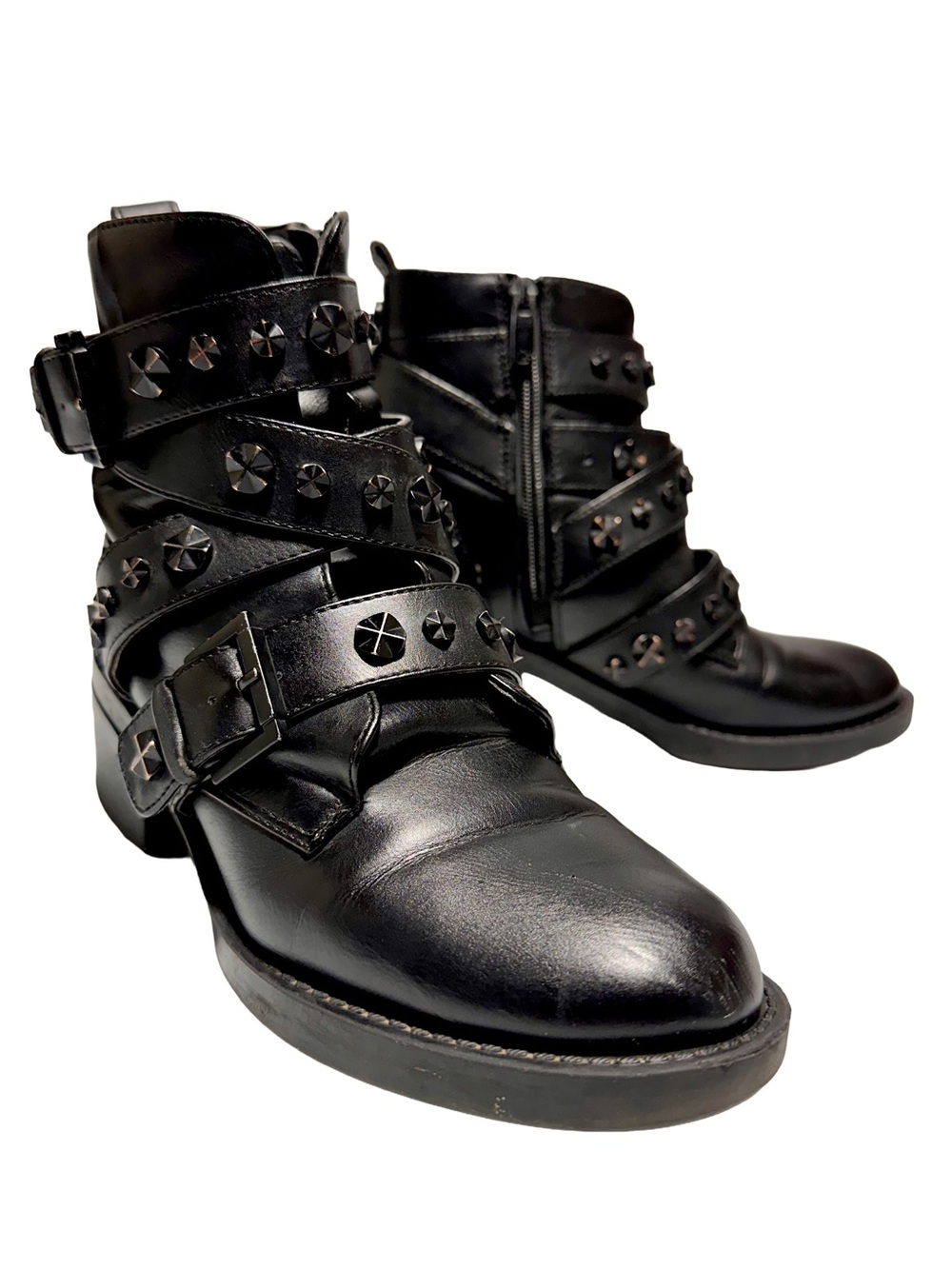 Guess Black Studded Harness Moto Goth Punk Ankle Boots 7M